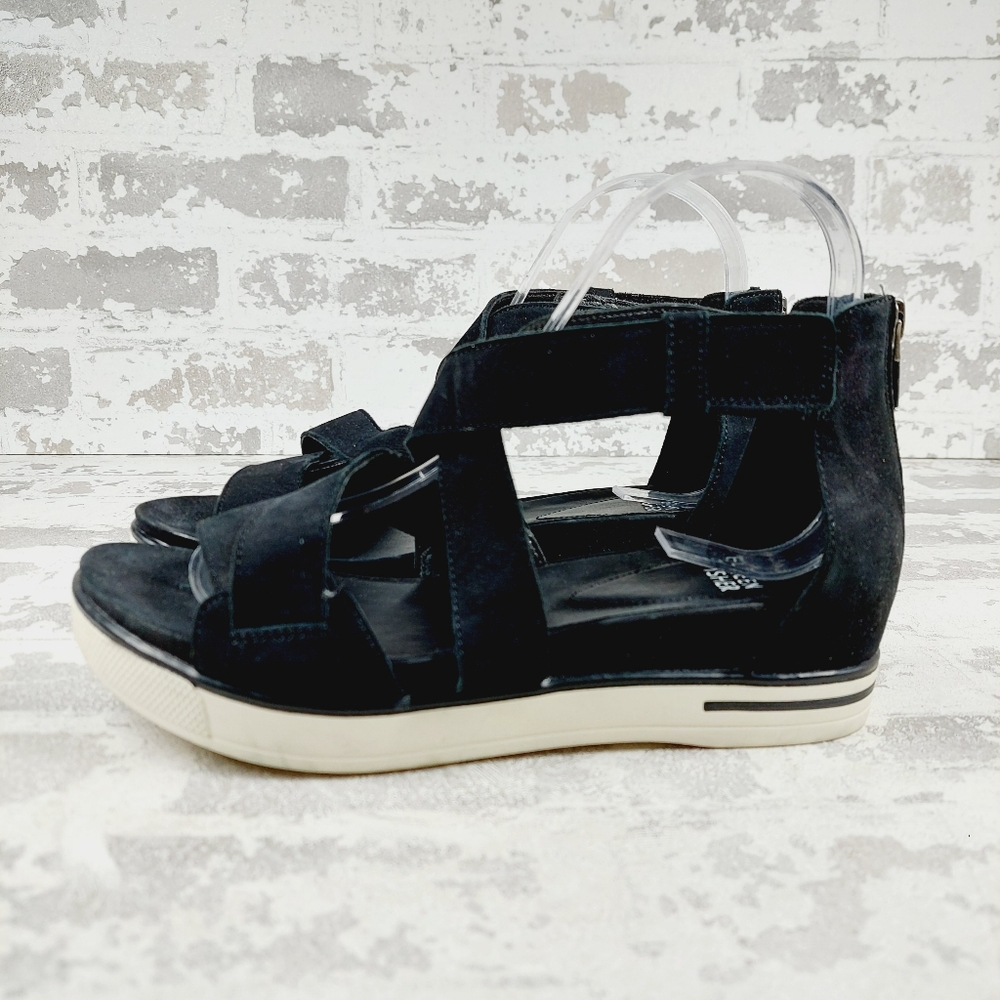 Eileen Fisher Black Suede Strappy Wedge Sandals with Cream Sole